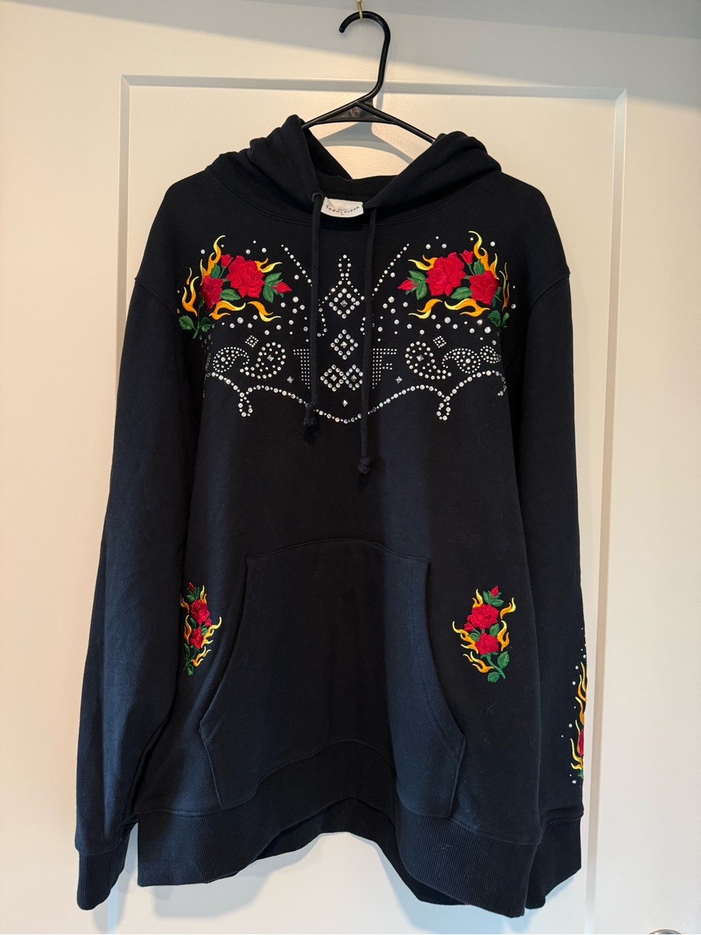 Teddy Fresh Black Hoodie with Flaming Rose Embroidery and Silver Details